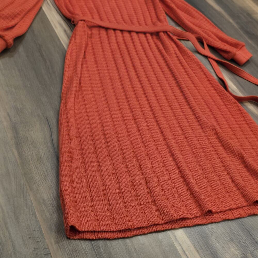 60s 70s Orange Long Sleeve Waffle Knit Dress Vintage‎ Midi Soft Belted V Neck - Picture 7 of 10